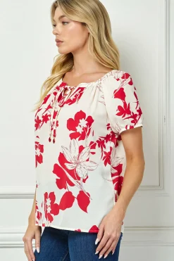 Short Sleeve Beaded Tie Neck Mandarin Collar Blouse in Red/Cream