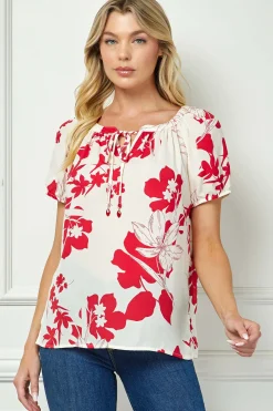 Short Sleeve Beaded Tie Neck Mandarin Collar Blouse in Red/Cream