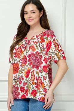 Short Sleeve Beaded Tie Neck Mandarin Collar Blouse in Ivory - Plus