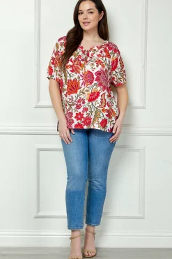 Short Sleeve Beaded Tie Neck Mandarin Collar Blouse in Ivory - Plus