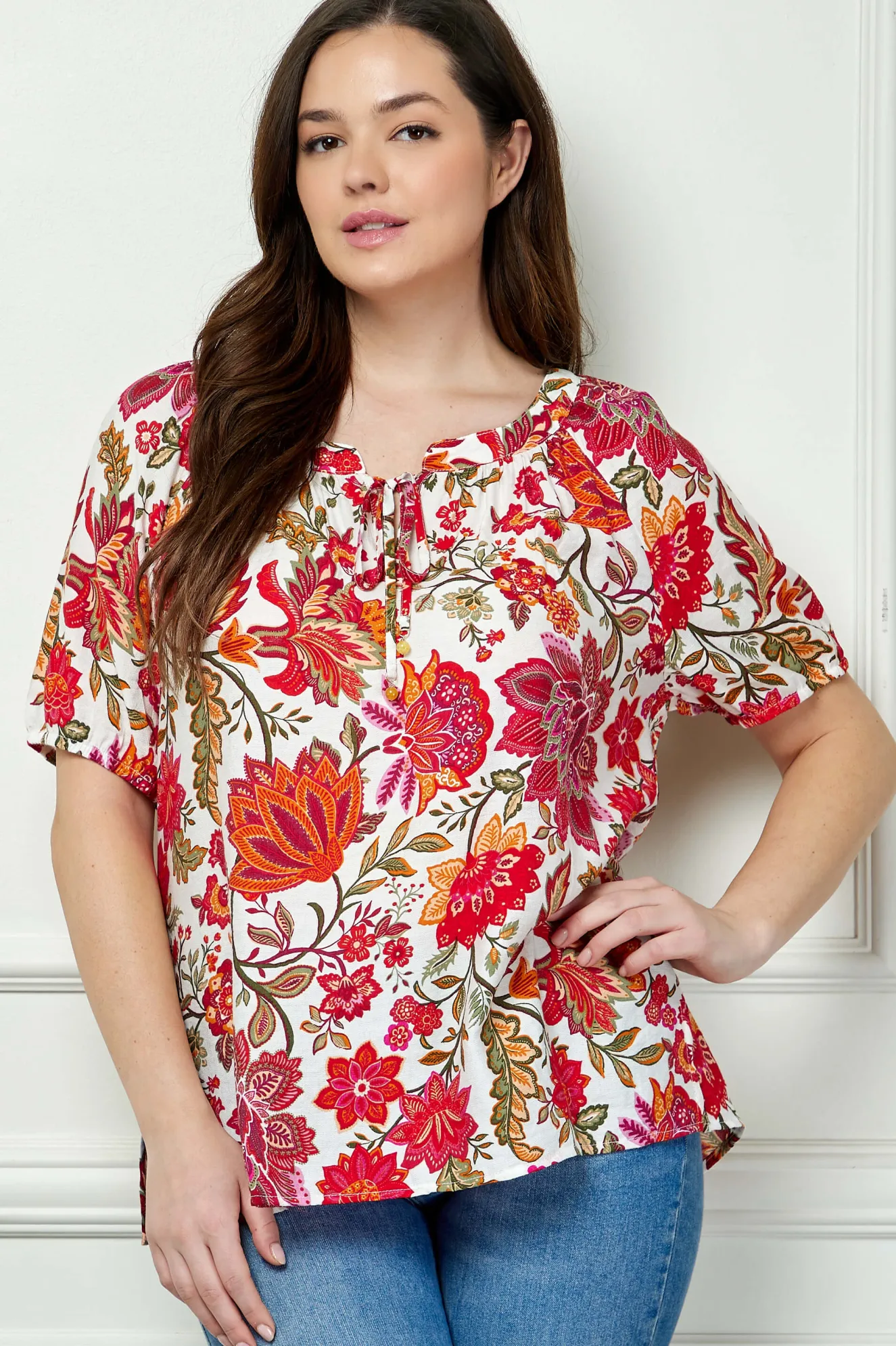 Short Sleeve Beaded Tie Neck Mandarin Collar Blouse in Ivory - Plus