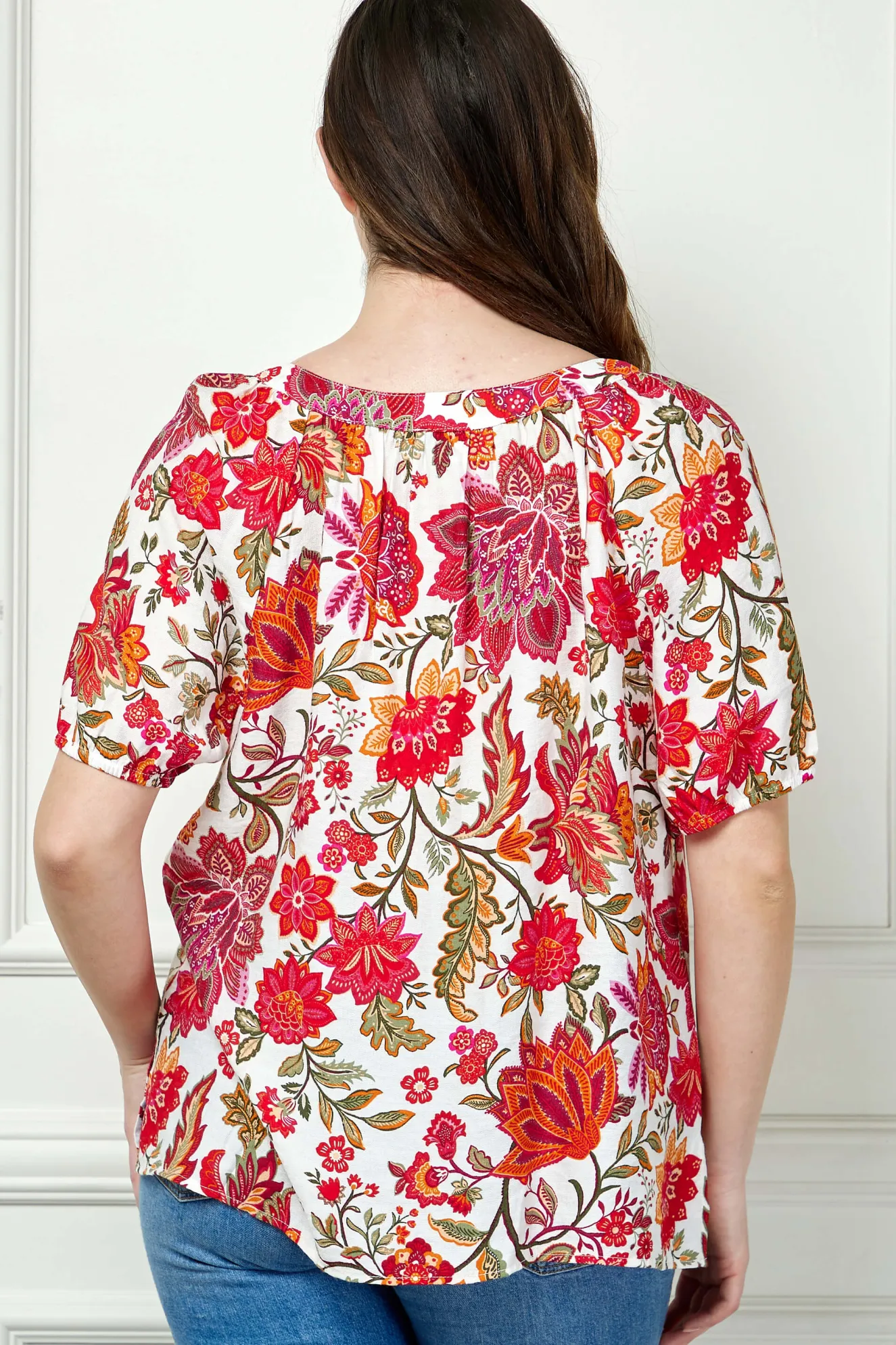 Short Sleeve Beaded Tie Neck Mandarin Collar Blouse in Ivory - Plus