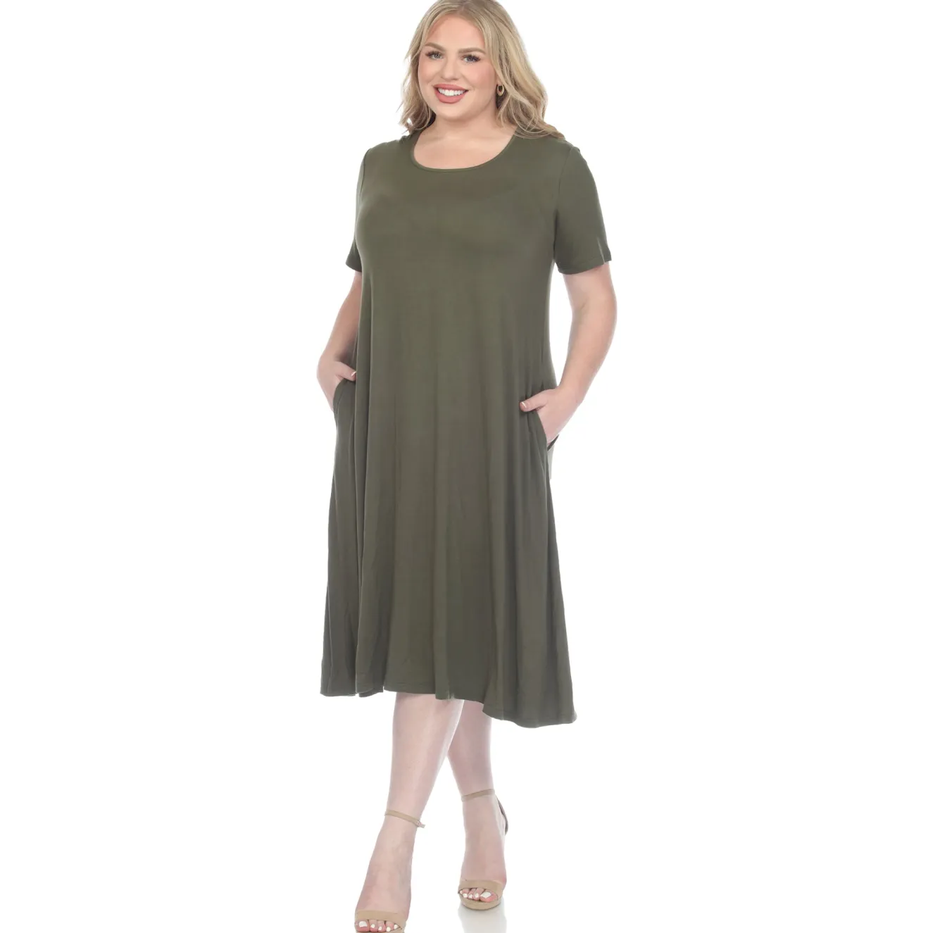 Short Sleeve Pocket Swing Midi Dress - Plus