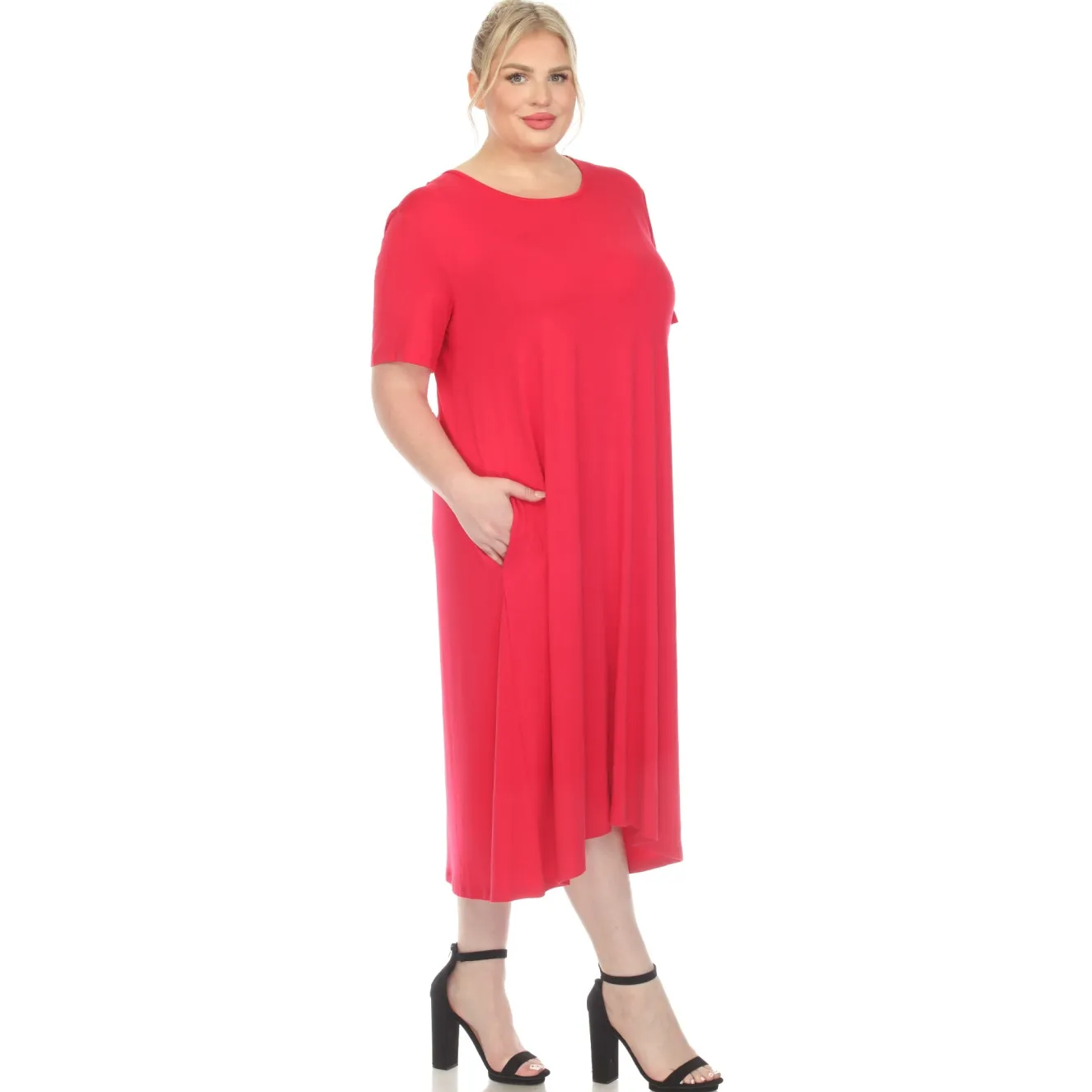 Short Sleeve Pocket Swing Midi Dress - Plus