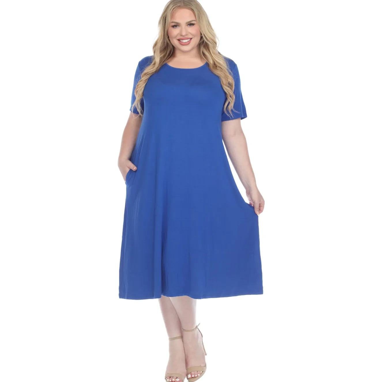 Short Sleeve Pocket Swing Midi Dress - Plus