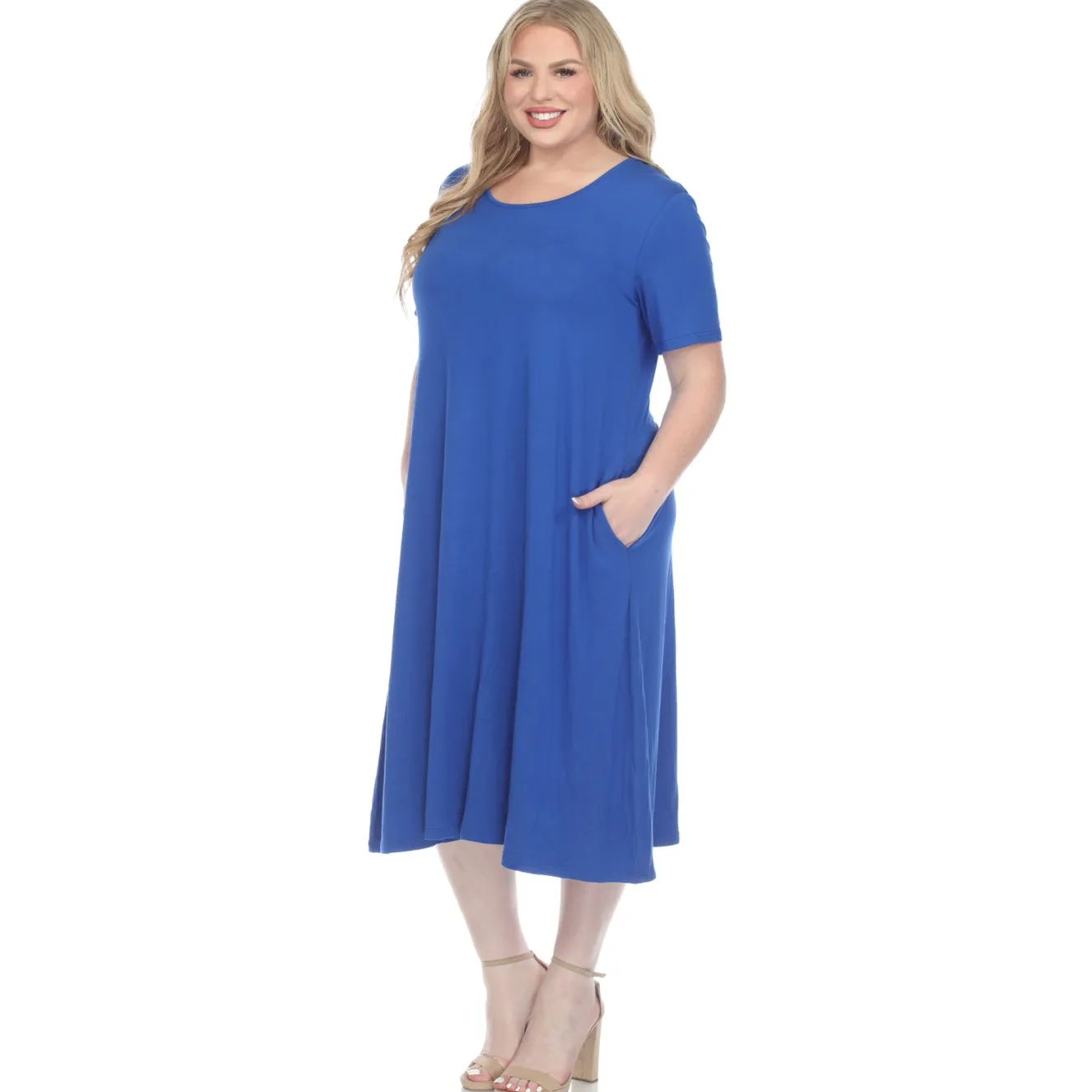 Short Sleeve Pocket Swing Midi Dress - Plus