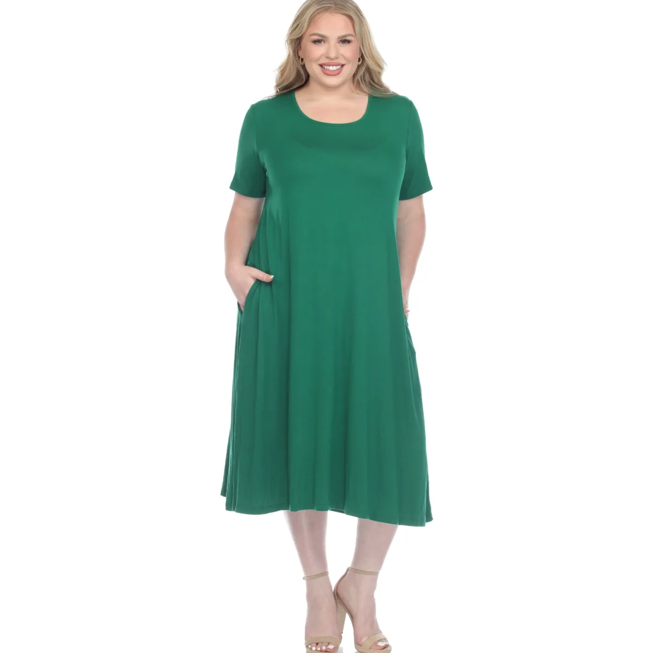 Short Sleeve Pocket Swing Midi Dress - Plus