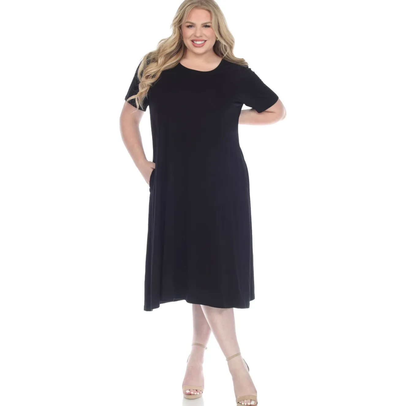 Short Sleeve Pocket Swing Midi Dress - Plus