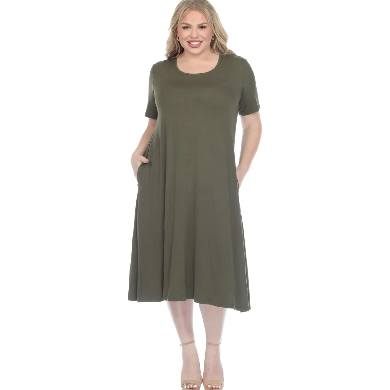 Short Sleeve Pocket Swing Midi Dress - Plus