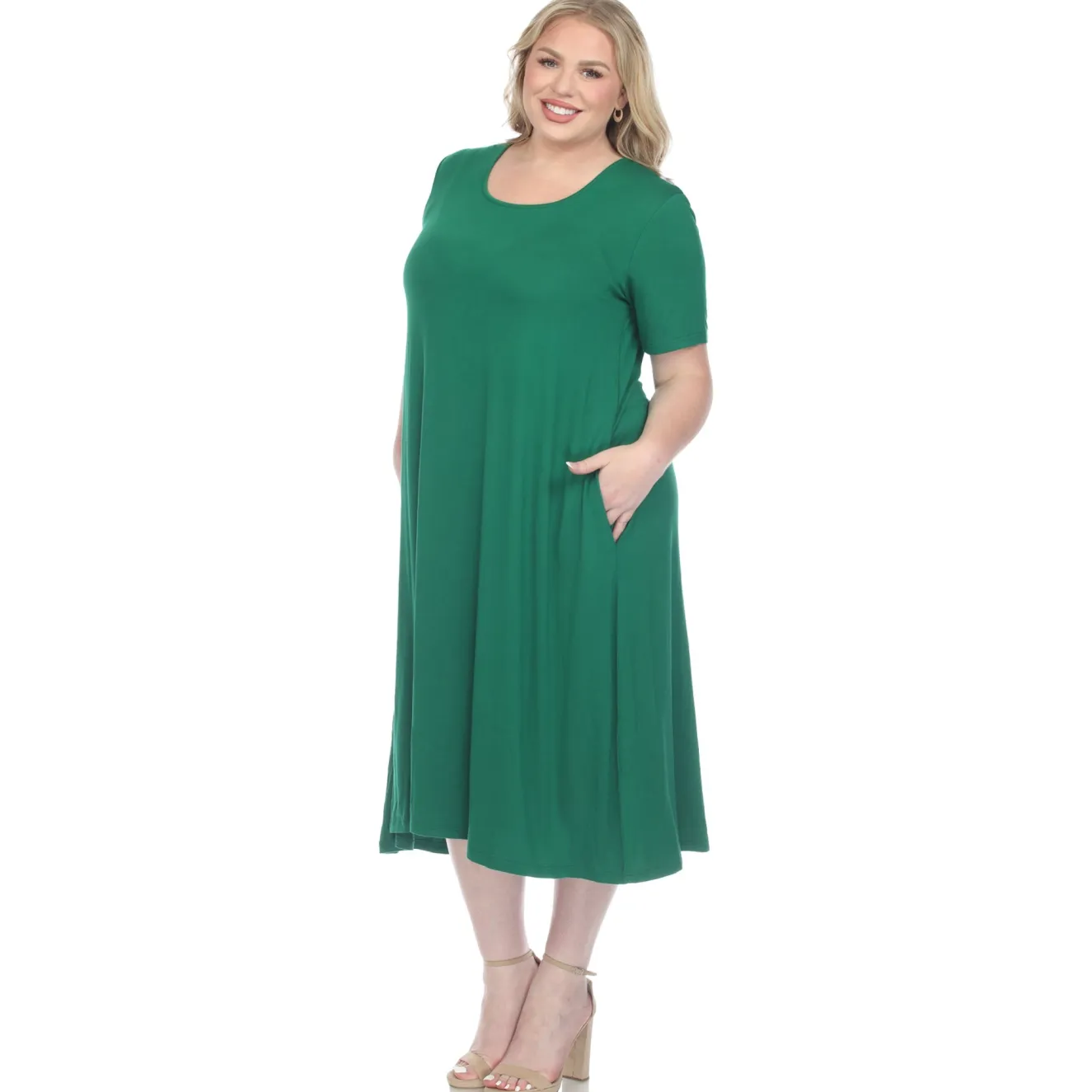 Short Sleeve Pocket Swing Midi Dress - Plus