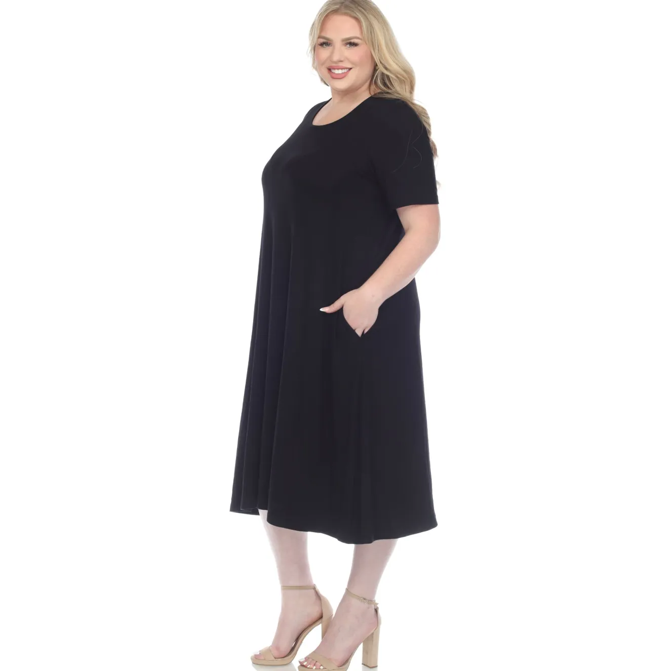 Short Sleeve Pocket Swing Midi Dress - Plus