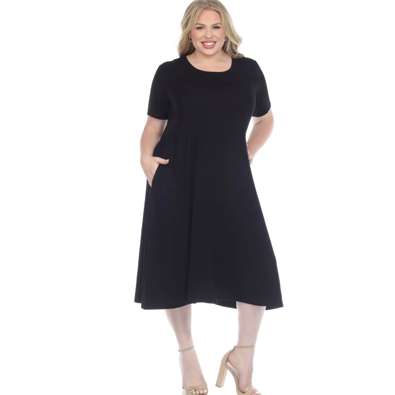 Short Sleeve Pocket Swing Midi Dress - Plus