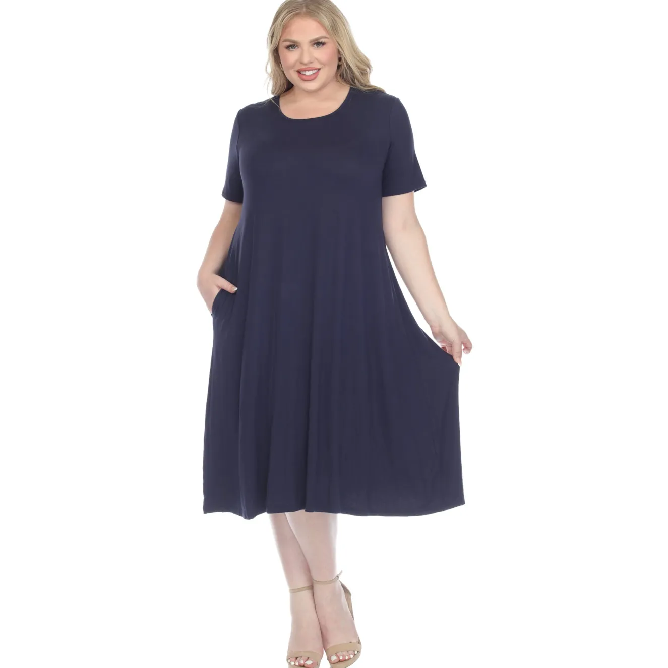 Short Sleeve Pocket Swing Midi Dress - Plus