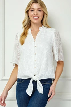 Short Sleeve Ruffle V-Neck Tie Front Blouse in Ivory