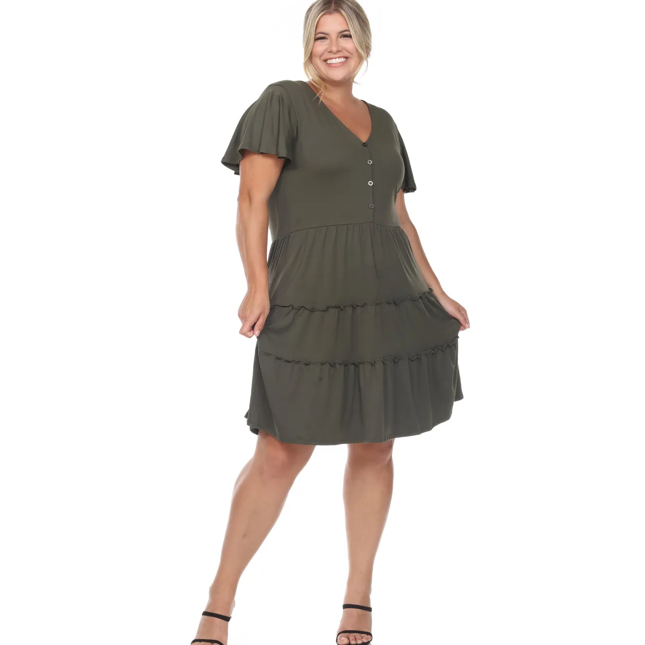 Short Sleeve V-neck Tiered Midi Dress - Plus