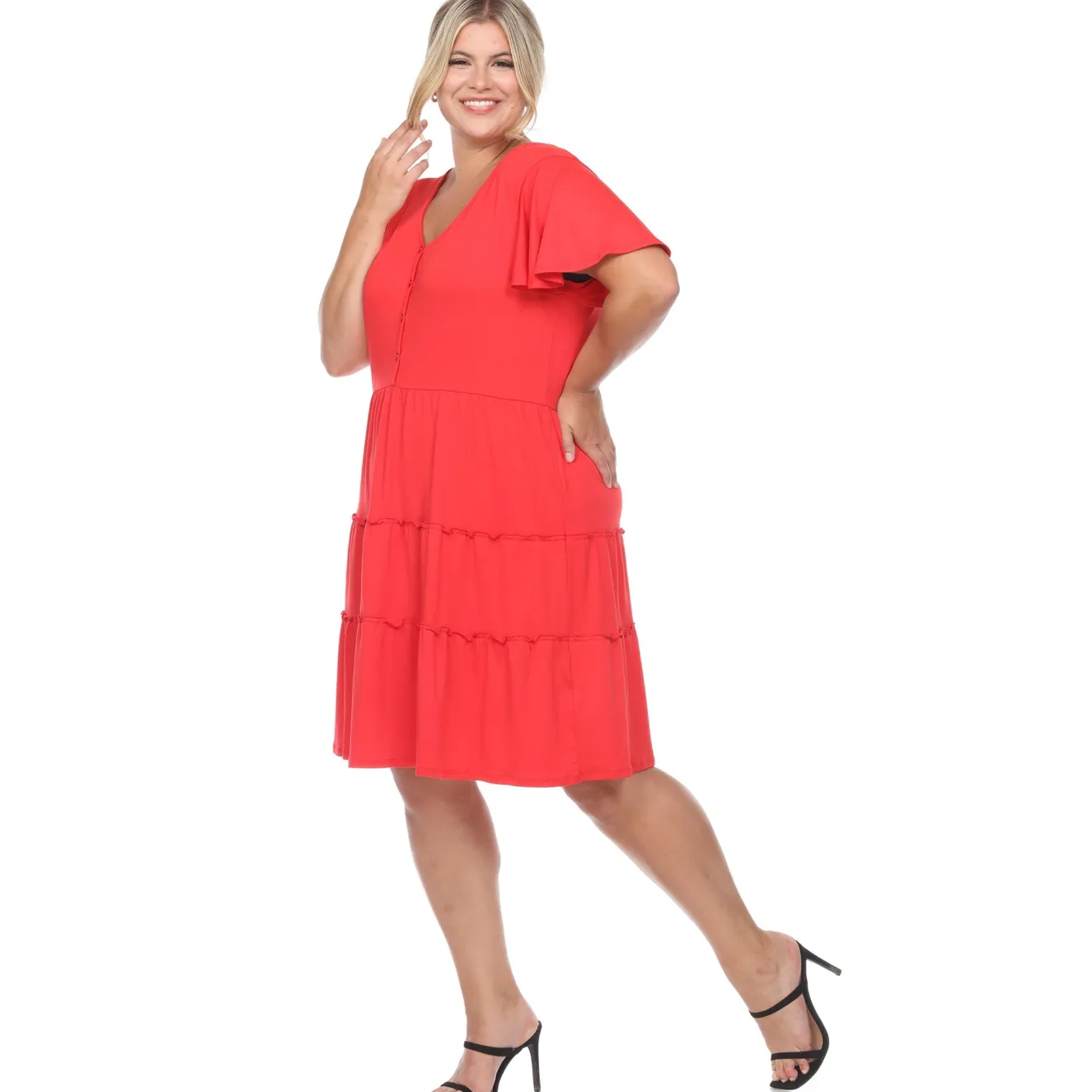 Short Sleeve V-neck Tiered Midi Dress - Plus