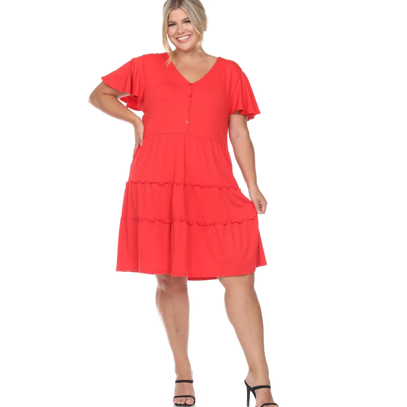 Short Sleeve V-neck Tiered Midi Dress - Plus