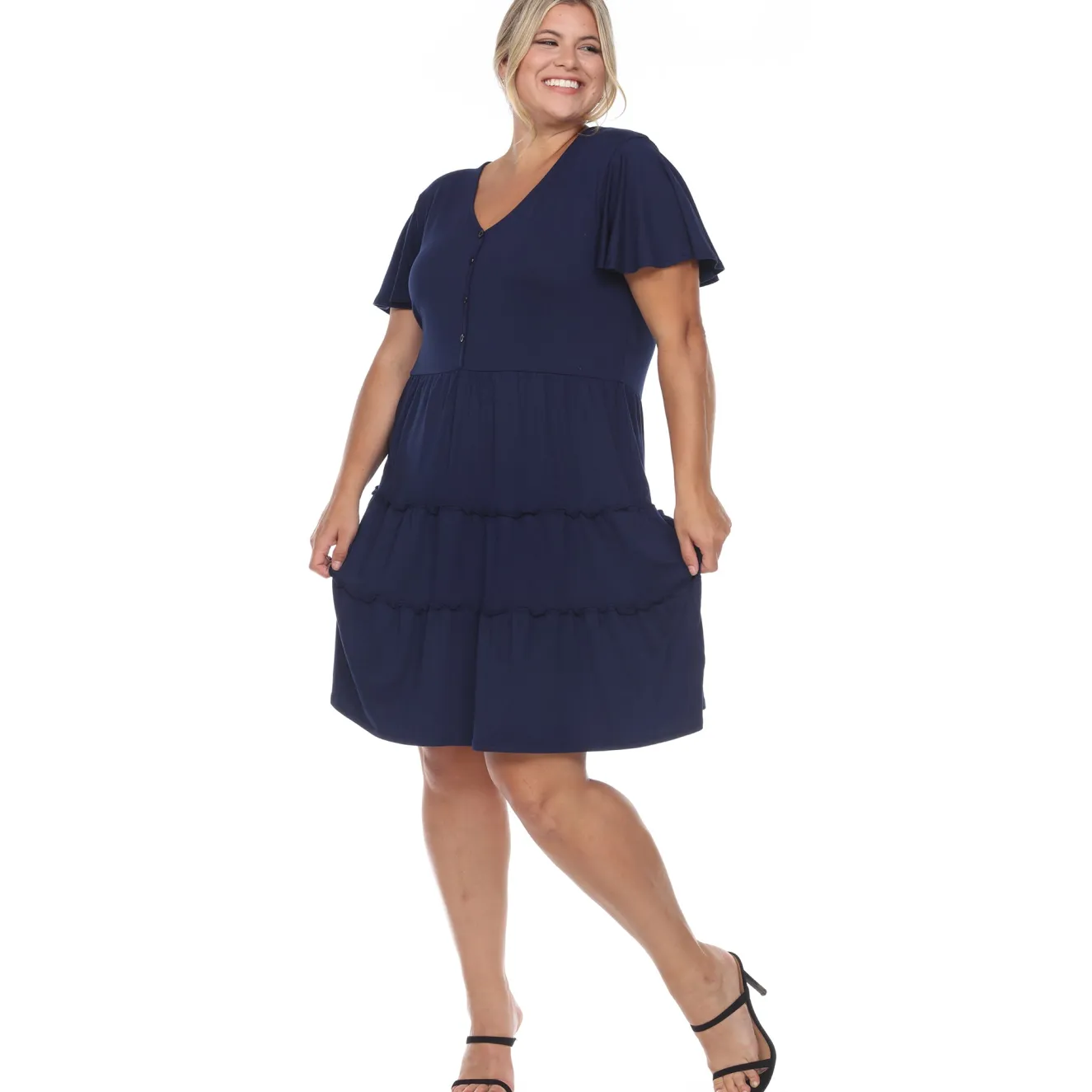 Short Sleeve V-neck Tiered Midi Dress - Plus