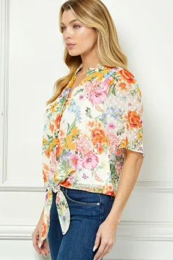 Short Sleeve V-Ruffle Neck Tie Front Blouse in Ivory/Coral/Pink