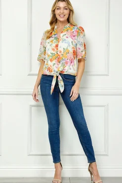 Short Sleeve V-Ruffle Neck Tie Front Blouse in Ivory/Coral/Pink