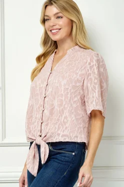 Short Sleeve V-Ruffle Neck Tie Front Blouse in Blush