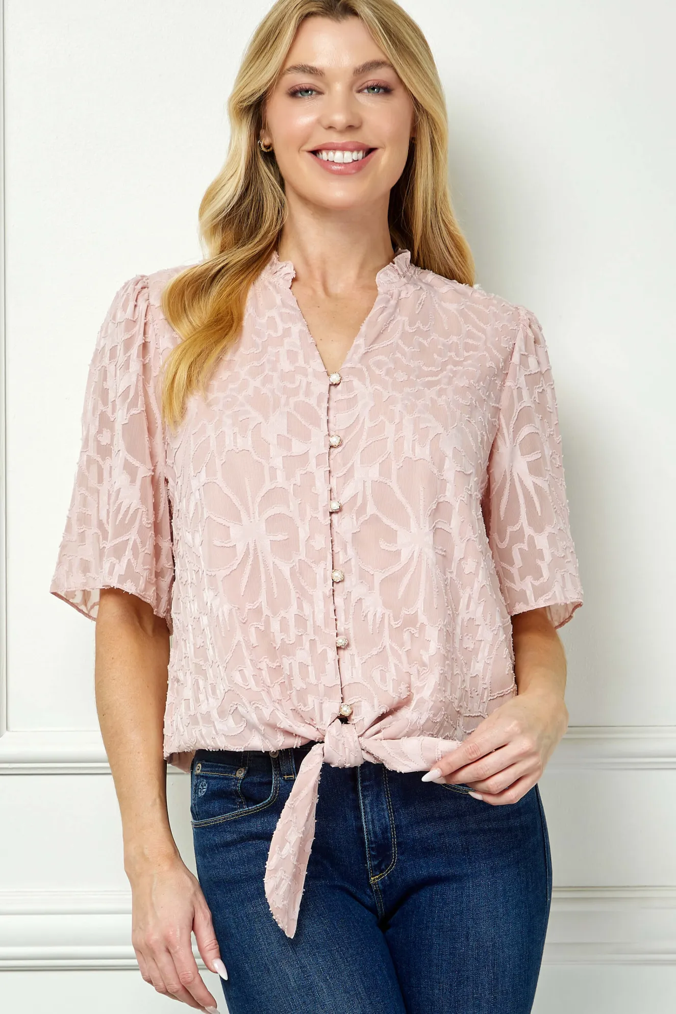 Short Sleeve V-Ruffle Neck Tie Front Blouse in Blush