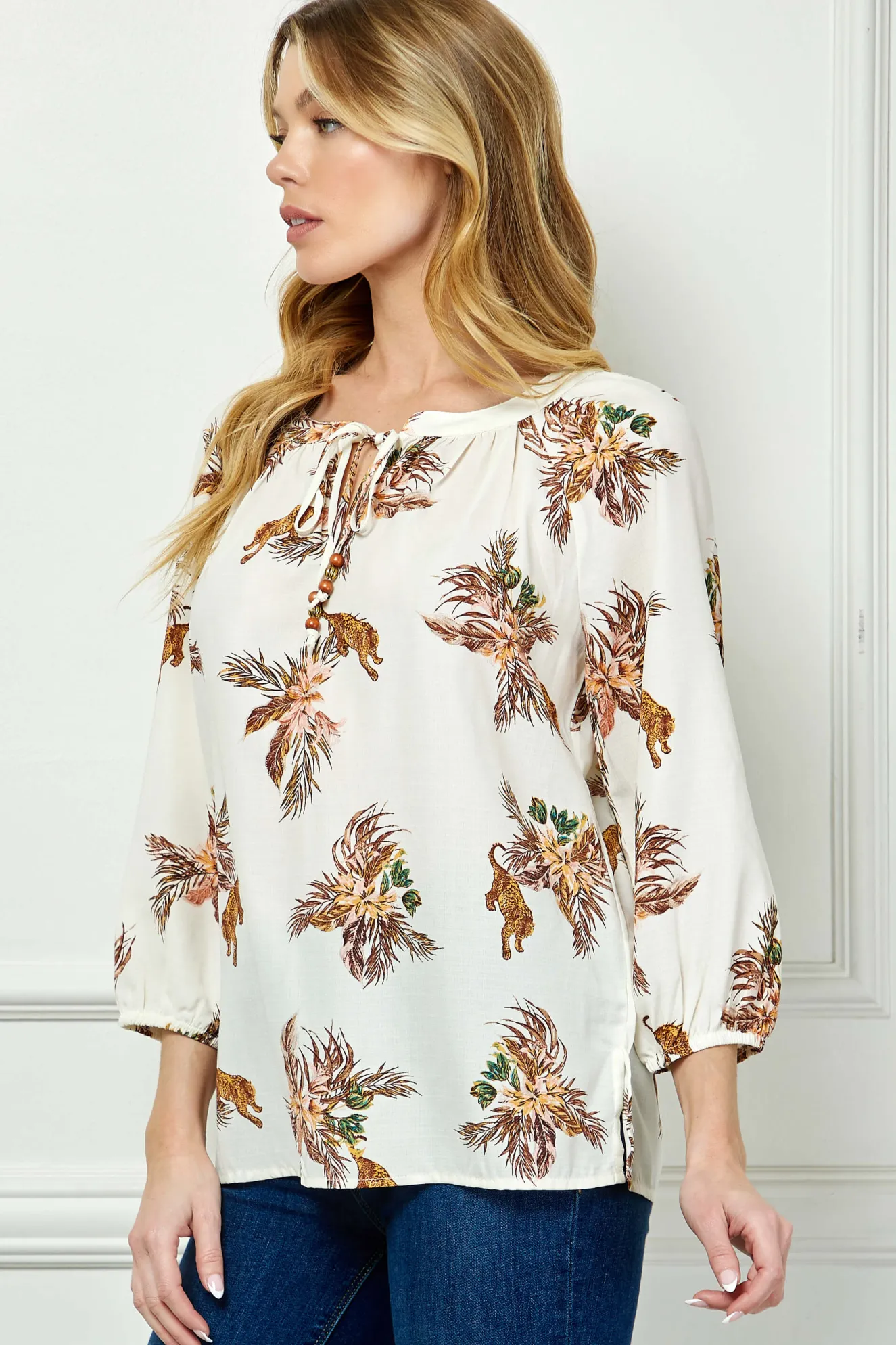 3/4 Sleeve Beaded Tie-Neck Blouse in Cream/Mocha/Coral