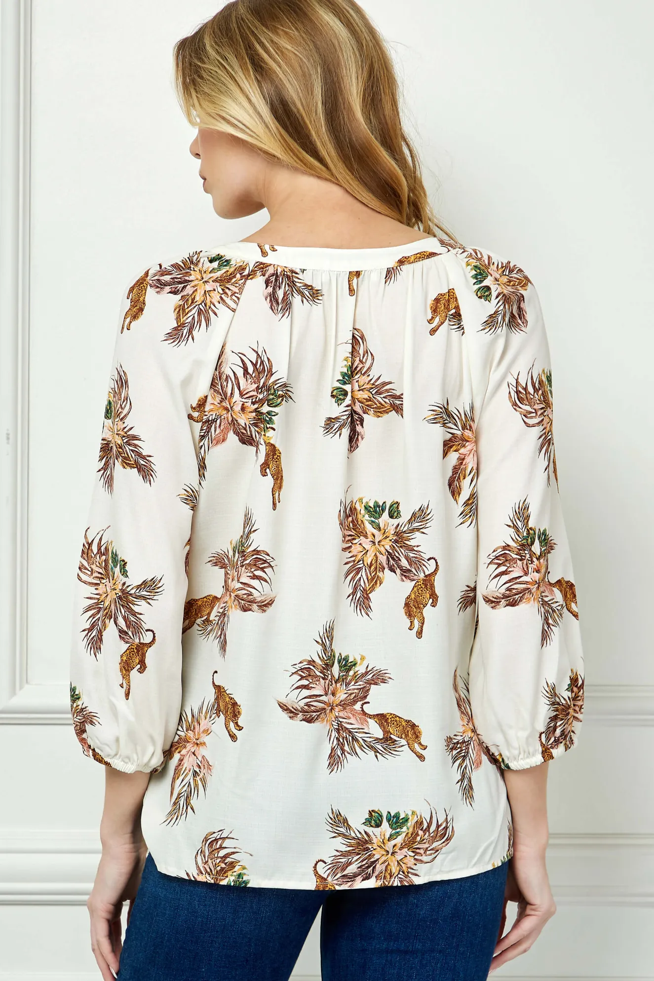 3/4 Sleeve Beaded Tie-Neck Blouse in Cream/Mocha/Coral