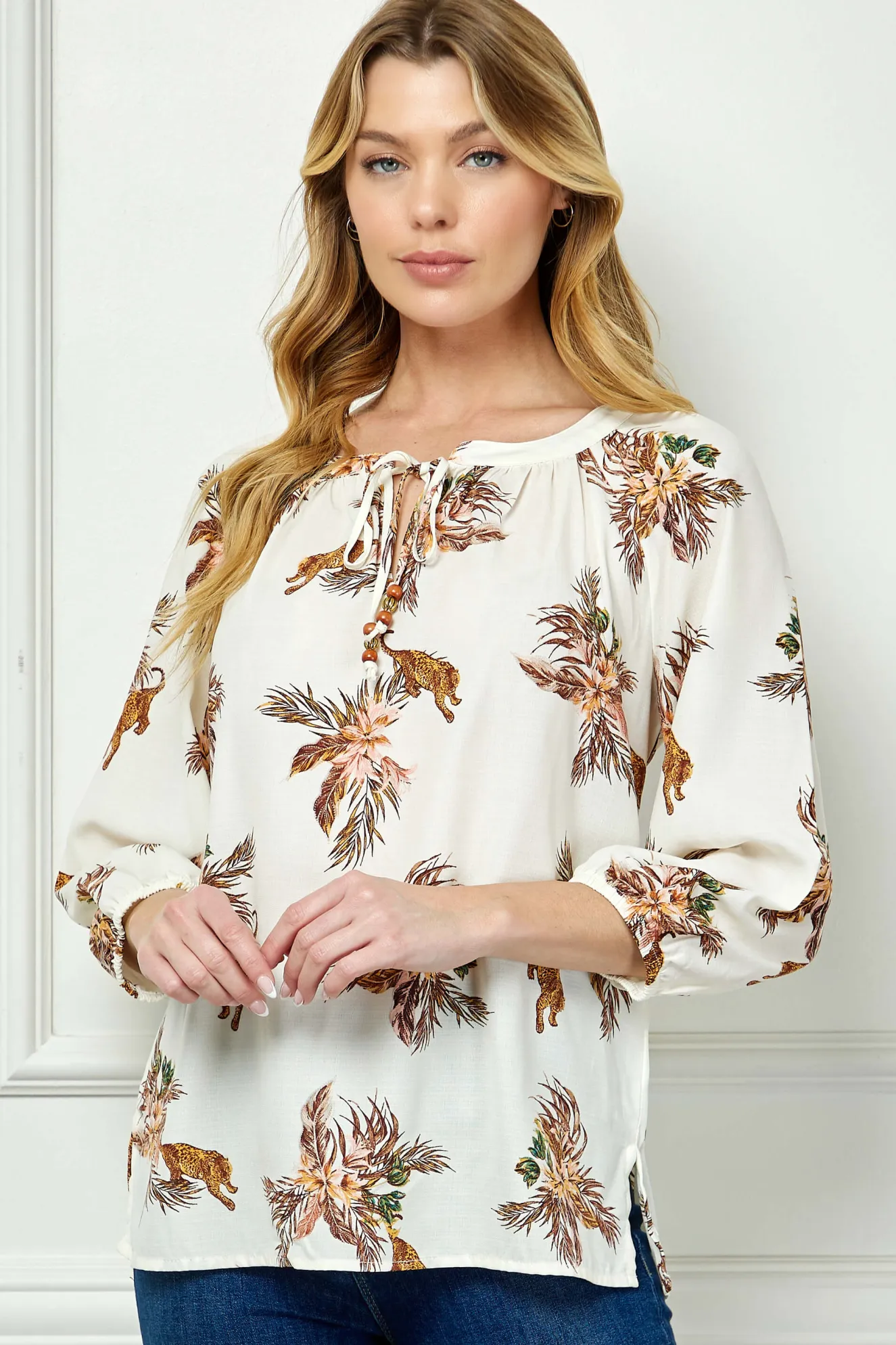 3/4 Sleeve Beaded Tie-Neck Blouse in Cream/Mocha/Coral
