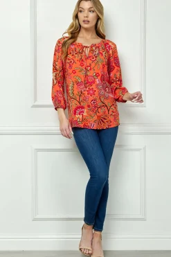 3/4 Sleeve Beaded Tie-Neck Blouse in Orange/Magenta/Olive