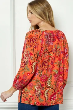 3/4 Sleeve Beaded Tie-Neck Blouse in Orange/Magenta/Olive
