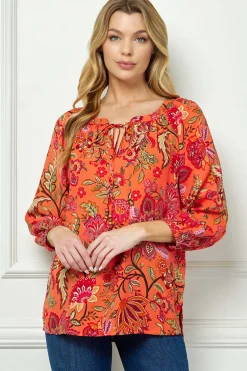 3/4 Sleeve Beaded Tie-Neck Blouse in Orange/Magenta/Olive