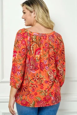 3/4 Sleeve Beaded Tie-Neck Blouse in Orange/Magenta/Olive - Plus