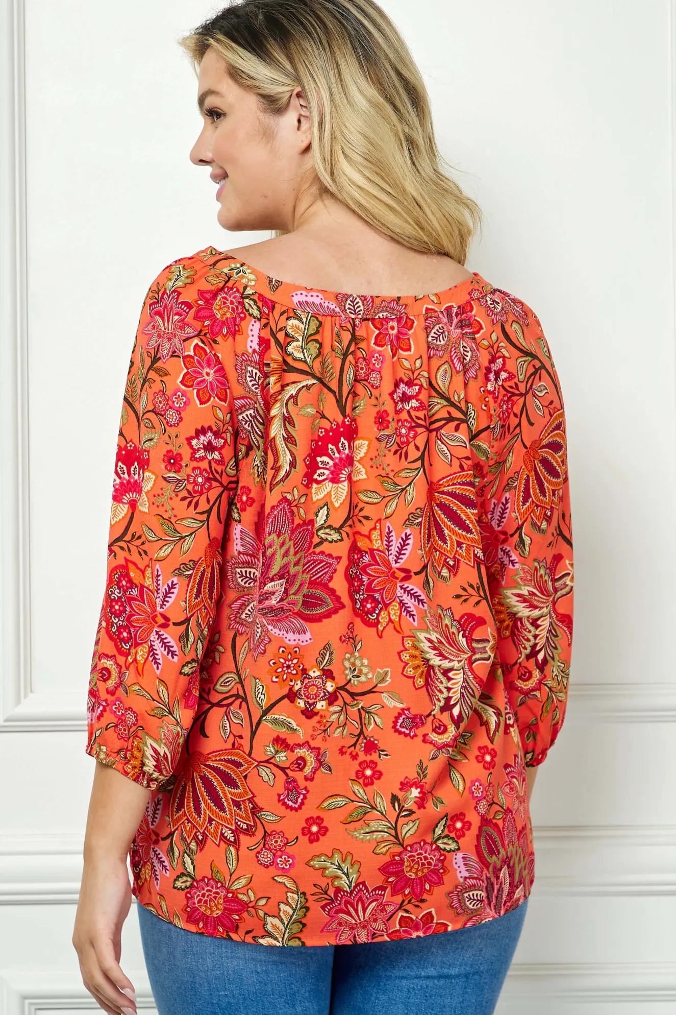 3/4 Sleeve Beaded Tie-Neck Blouse in Orange/Magenta/Olive - Plus