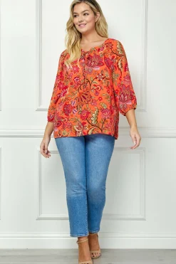 3/4 Sleeve Beaded Tie-Neck Blouse in Orange/Magenta/Olive - Plus