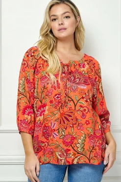3/4 Sleeve Beaded Tie-Neck Blouse in Orange/Magenta/Olive - Plus