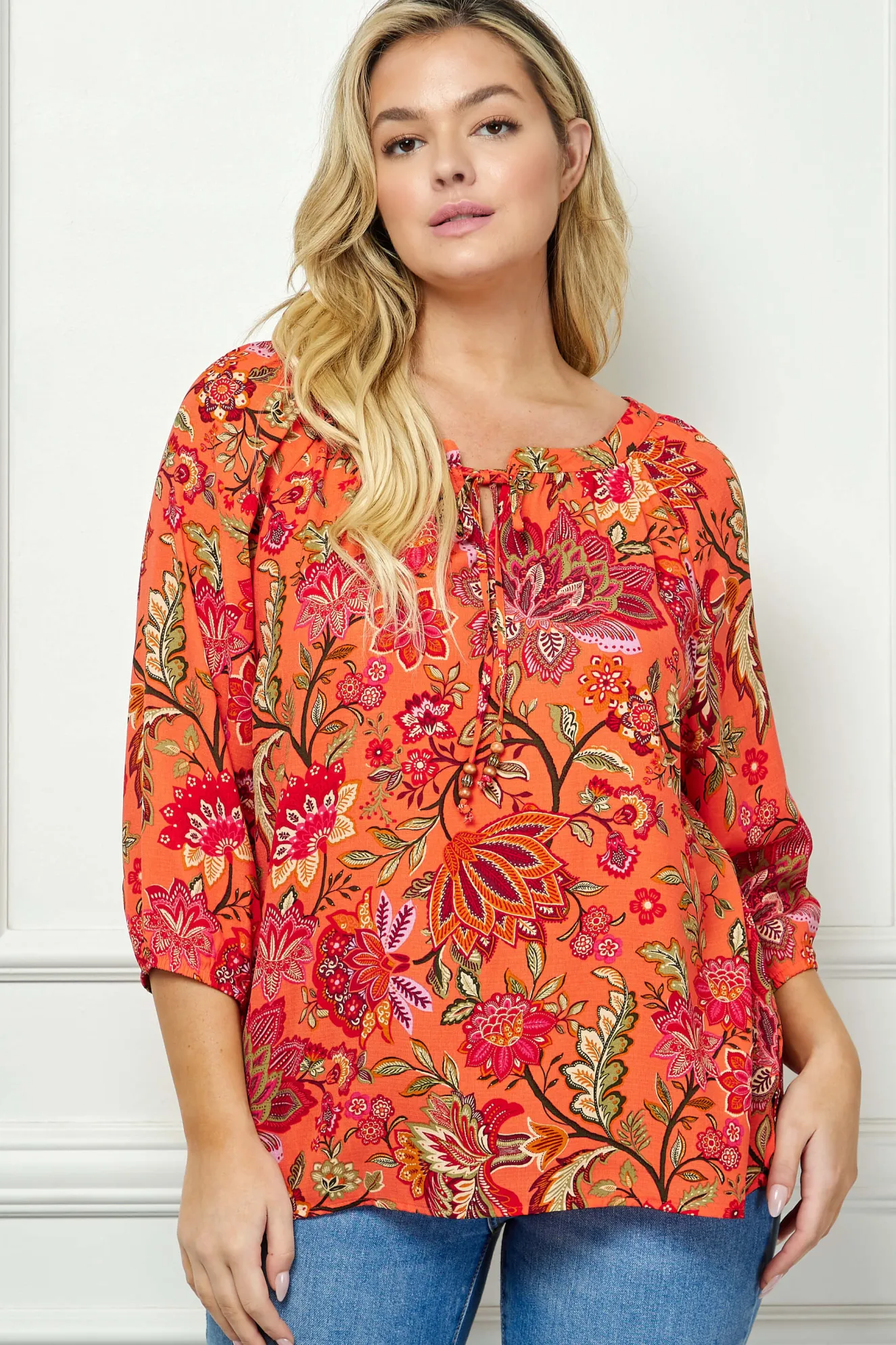 3/4 Sleeve Beaded Tie-Neck Blouse in Orange/Magenta/Olive - Plus