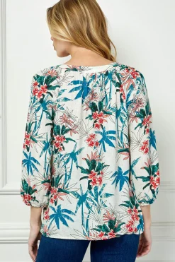 3/4 Sleeve Beaded Tie-Neck Blouse in Tan/Teal/Rust