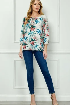 3/4 Sleeve Beaded Tie-Neck Blouse in Tan/Teal/Rust