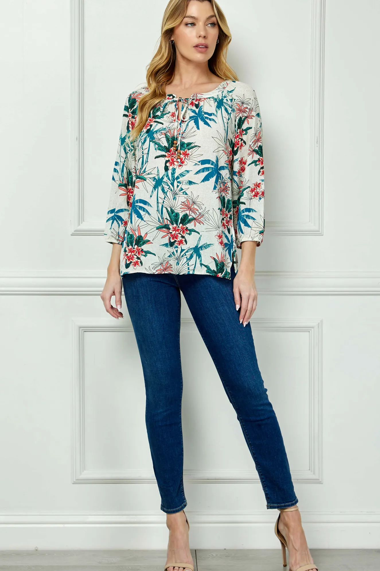 3/4 Sleeve Beaded Tie-Neck Blouse in Tan/Teal/Rust
