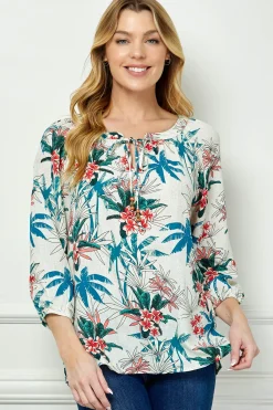 3/4 Sleeve Beaded Tie-Neck Blouse in Tan/Teal/Rust