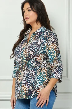 3/4 Sleeve Button-Front Blouse in Ivory/Brown/Teal - Plus
