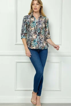 3/4 Sleeve Button-Front Blouse in Ivory/Brown/Teal