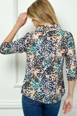 3/4 Sleeve Button-Front Blouse in Ivory/Brown/Teal