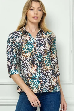 3/4 Sleeve Button-Front Blouse in Ivory/Brown/Teal