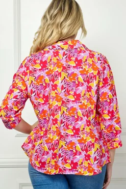 3/4 Sleeve Johnny Collar Button Front Top in Pink - Plus