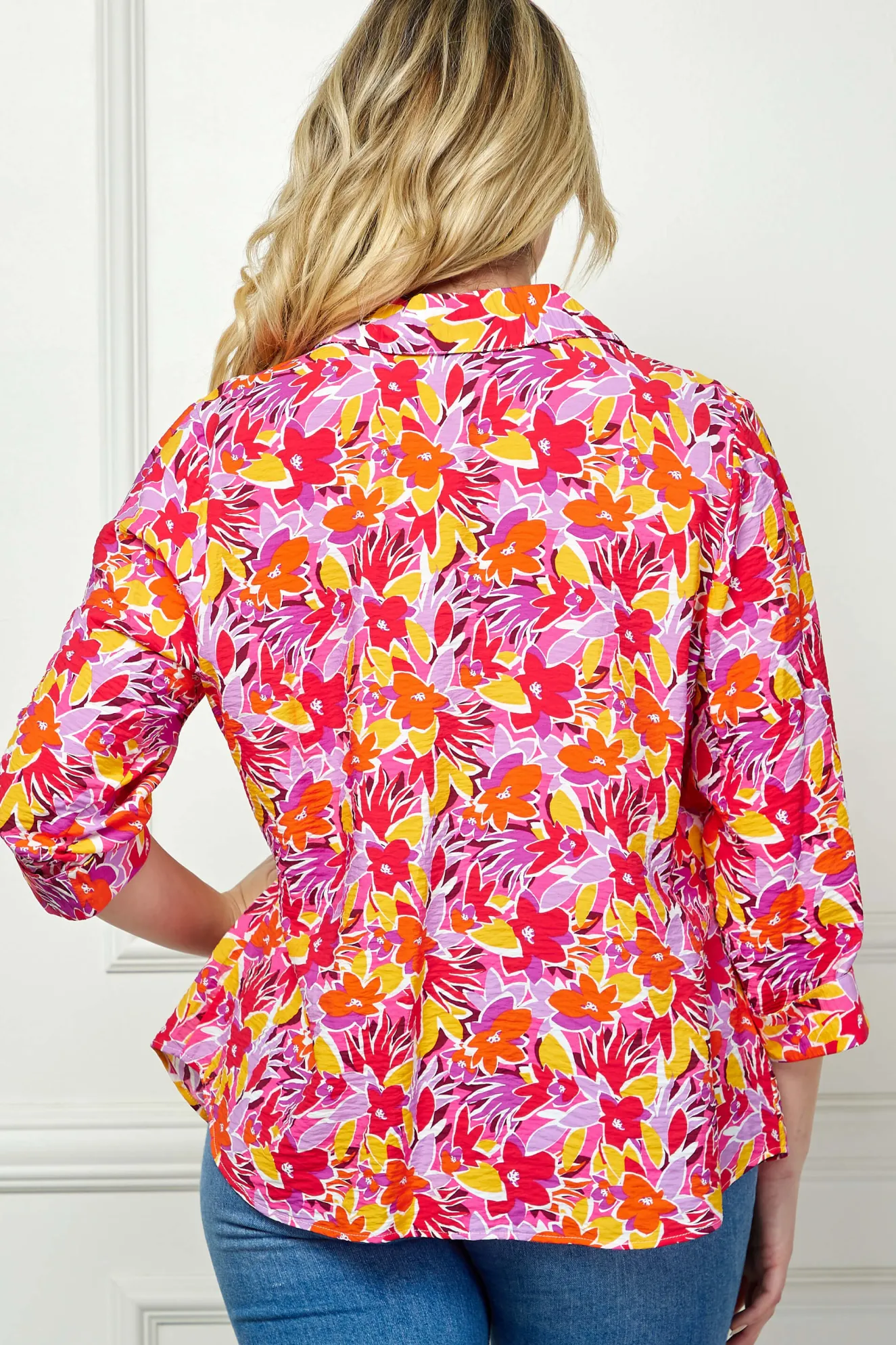 3/4 Sleeve Johnny Collar Button Front Top in Pink - Plus