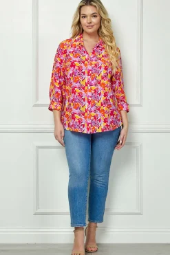 3/4 Sleeve Johnny Collar Button Front Top in Pink - Plus