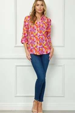 3/4 Sleeve Johnny Collar Button Front Top in Pink