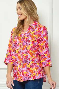 3/4 Sleeve Johnny Collar Button Front Top in Pink